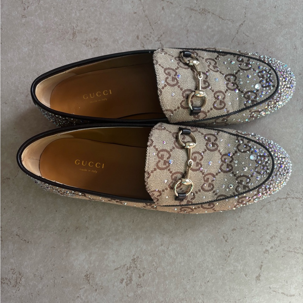 Gucci Women's Beige Loafers with Crystal Embellishments